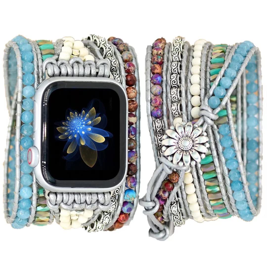 6 Turquoise&Gray &blue beaded 41/40/38/42mm(Series 10) S (5.5''-6.3'') Best apple watch bands in use, Apple watch band , Applewatchbands.us