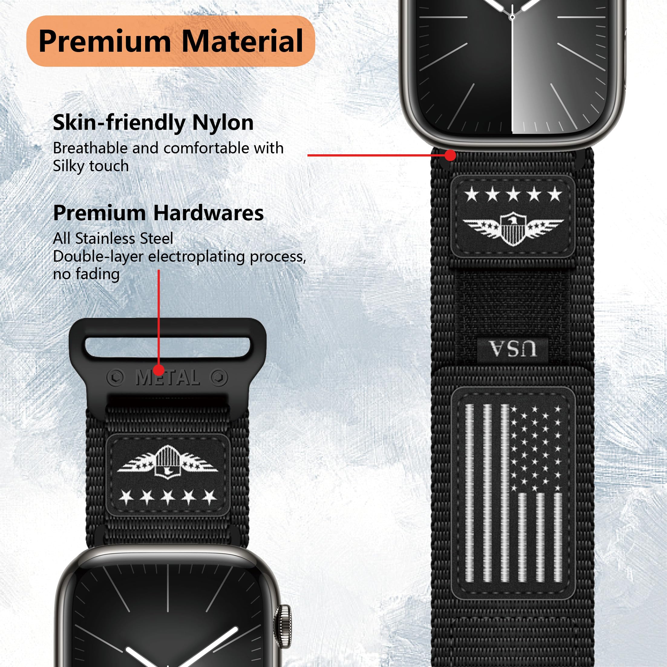 2-USA Flag-Black 49/46/45/44/42(S3/2/1) Extra Large Best apple watch bands in use, Apple watch band , Applewatchbands.us